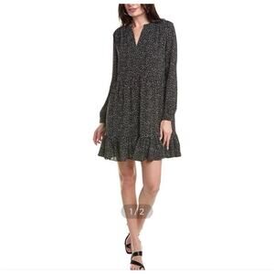 New MSK Polka Dot Long Sleeve Split V Neck Mini Baby Doll Dress Black Size S